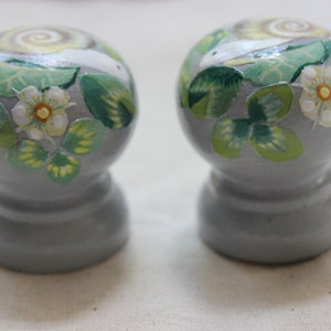 May include: Two gray, round salt and pepper shakers with a painted design. The design features a snail, white flowers, and green leaves. The shakers have a bulbous top and a pedestal base.