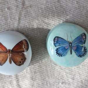 May include: Two decorative glass orbs, each with a butterfly design. One orb has a brown and orange butterfly on a white background. The other has a blue butterfly on a light blue background.