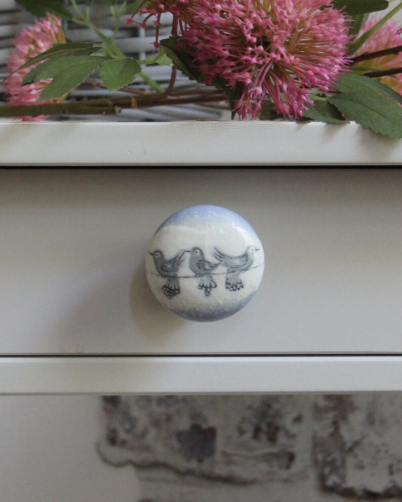 May include: A ceramic cabinet knob, white with a blue design of three birds on a wire. The knob is round and has a light blue background. Pink flowers are visible in the background.