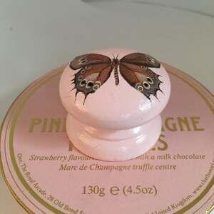 Peut inclure: Un r&eacute;cipient rose avec un bouton d&eacute;coratif en forme de papillon. Le bouton est peint en rose avec un motif de papillon d&eacute;taill&eacute; dans des tons bruns. Le r&eacute;cipient porte l'inscription "Strawberry flavour" et "130g (4.5oz)".