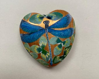 HANDPAINTED Bead. Large Wood Heart Shape Bead For Jewelry Making. Blue White Flower & Dragonfly 2 SIDED Painted Pendant