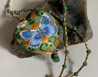 Choker Necklace & Painted Wood Heart Pendant. Gold, Green Jade Bead With Blue Butterfly Hand Painted. 16 Inch With Gold Charm Holder.