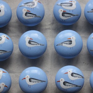 May include: Twelve blue ceramic knobs with white painted seagulls. Each knob features a different seagull design.