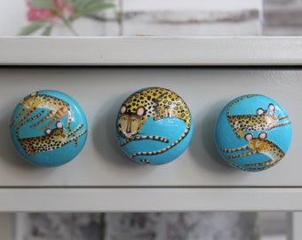 Knobs for Drawers, Cupboards, Wardrobes and All Wood Furniture. UP CYCLE & TRANSFORM Your Chest of Drawers. Mother and Baby Leopard Knobs.