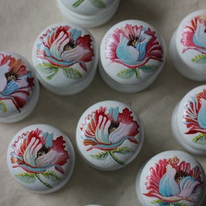 dresser knob, floral knob, poppy, poppy knob, white knob, furniture, furniture knob, white knobs, handles and pulls, blue pink flower knob.