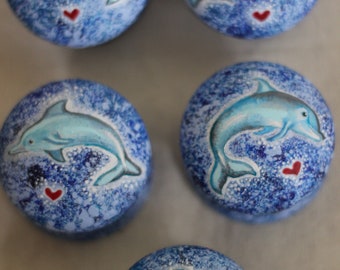 Dolphin, sea design, blue knob, up cycle, hand painted dolphin handles and pulls, furniture knob, sea theme, Drawer pulls and knobs, blue.