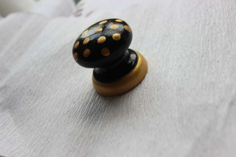 funky unique hand painted drawer pull knob neutral colours home decor modern natural decor black and gold dotty knob contrasting colour