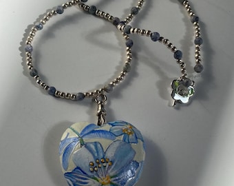 Pale Blue Bead Necklace. Handmade Pale Blue / Silver Seed Bead Necklace Jewelry. Natural Stone / 925 Beads. Hand Painted Pale Blue Pendant.