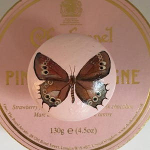 以下が含まれることがあります： 茶色とタン色の蝶のデザインが施された、ピンク色の楕円形の石。石は、"Pine"と"130g e"を含む金色の文字とテキストが施されたピンク色の表面に置かれています。