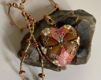 Painted Pendant. Wood Heart. Pink, Gold, Copper Bead With Brown Butterfly Hand Painted Choker Necklace. 16 Inch With Gold Charm Holder.