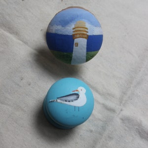 light house knobs, painted cabinet knobs, seaside home, blue dresser knob, pulls and handles, white knobs, wood knob, dresser knob, pulls.