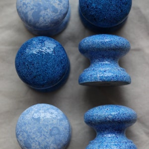Corn flower blue dresser knobs and drawer pulls. Speckle paint, Vibrant blue furniture knobs. Up date your decor for spring. BLUE knobs LUSH