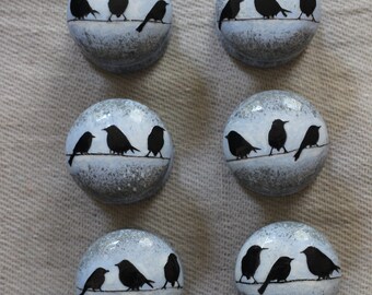 dresser and furniture knobs and pulls, painted speckle ' Birds on a Wire', grey knob, painted knob, black bird design, grey furniture knobs.