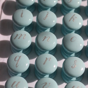 Könnte beinhalten: Eine Sammlung hellblauer Holzknöpfe, jeder mit einem silbernen Buchstaben des Alphabets. Die Knöpfe haben eine abgerundete Oberseite und einen zylindrischen Sockel. Die Buchstaben sind in Schreibschrift gehalten.