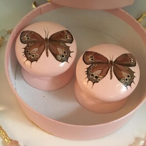 Peut inclure: Deux boutons de placard roses orn&eacute;s de papillons bruns aux motifs complexes. Les boutons sont plac&eacute;s dans un contenant rose de forme circulaire.