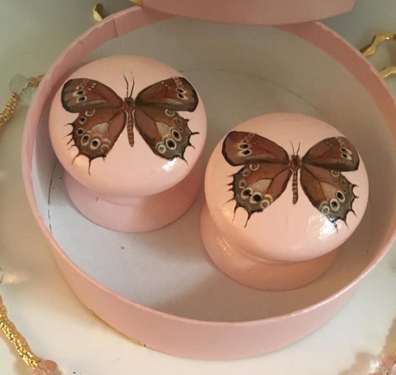 Peut inclure: Deux boutons de placard roses orn&eacute;s de papillons bruns aux motifs complexes. Les boutons sont plac&eacute;s dans un contenant rose de forme circulaire.