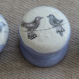 May include: A set of three ceramic knobs with a bird design. The knobs are white with a pale blue base and feature illustrations of birds perched on a wire. The knobs vary in size, suitable for drawers or cabinets.