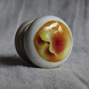 Pode incluir: Um botão de cerâmica branco com um design pintado em amarelo e vermelho que se assemelha a uma fruta. O botão tem uma superfície lisa e arredondada e um pequeno furo no centro.
