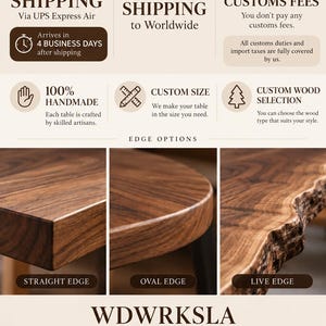 Puede incluir: Una pantalla gr&aacute;fica que muestra tres estilos de borde de mesa de madera: borde recto, borde ovalado y borde natural. El texto incluye WDW RKSLA, madera natural, dise&ntilde;o atemporal, hecho para ti, madera natural sostenible y artesan&iacute;a de calidad.