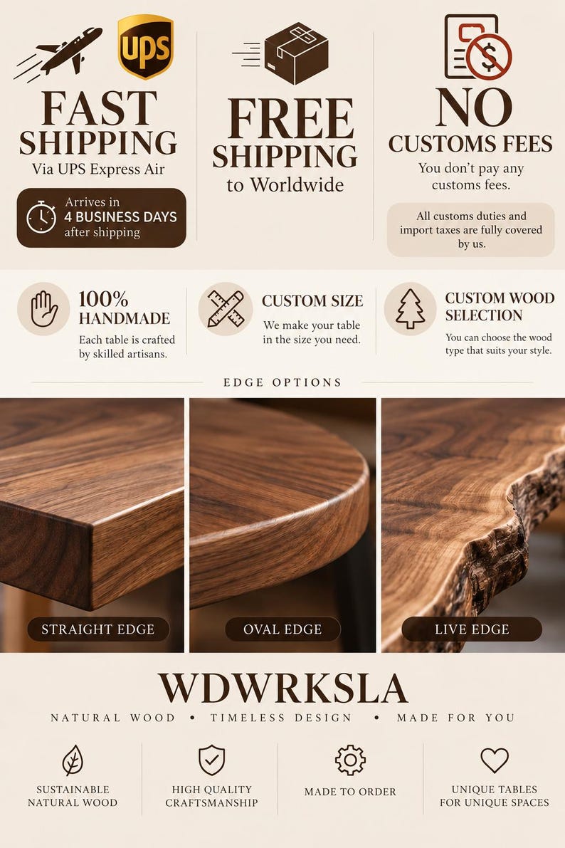 Puede incluir: Una pantalla gr&aacute;fica que muestra tres estilos de borde de mesa de madera: borde recto, borde ovalado y borde natural. El texto incluye WDW RKSLA, madera natural, dise&ntilde;o atemporal, hecho para ti, madera natural sostenible y artesan&iacute;a de calidad.