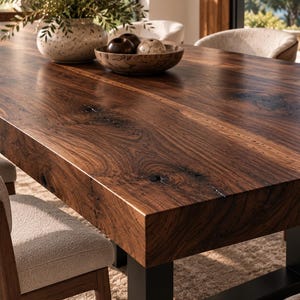 Puede incluir: Una mesa de comedor rectangular con un tablero grueso de madera maciza de color marr&oacute;n oscuro con vetas y nudos naturales visibles, apoyada sobre una estructura de metal negro resistente y rodeada de sillas tapizadas en color crema.