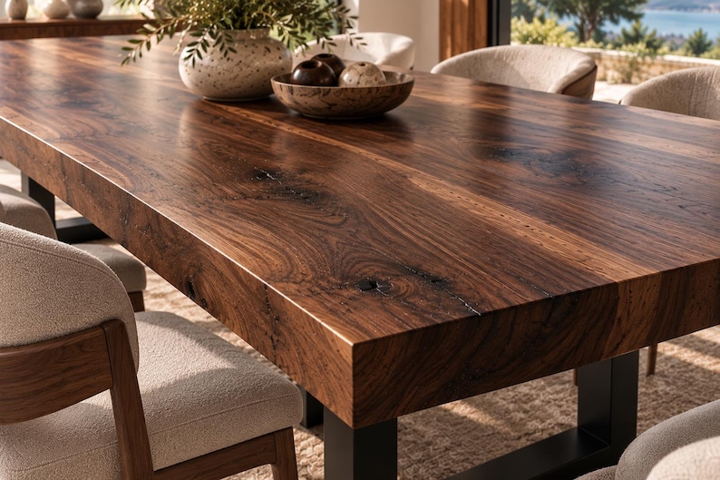 Puede incluir: Una mesa de comedor rectangular con un tablero grueso de madera maciza de color marr&oacute;n oscuro con vetas y nudos naturales visibles, apoyada sobre una estructura de metal negro resistente y rodeada de sillas tapizadas en color crema.