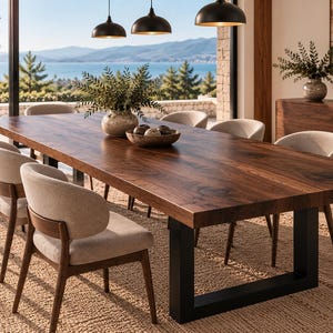 May include: A rectangular dining table with a dark brown wood grain top and black metal U-shaped legs, surrounded by six upholstered chairs with curved backs and wooden frames, arranged on a textured beige rug in a bright room.