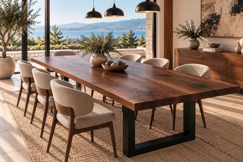 Puede incluir: Una mesa de comedor rectangular con tablero de madera veteada marr&oacute;n oscuro y patas de metal negro en forma de U, rodeada de seis sillas tapizadas con respaldos curvos y estructura de madera, sobre una alfombra beige texturizada.