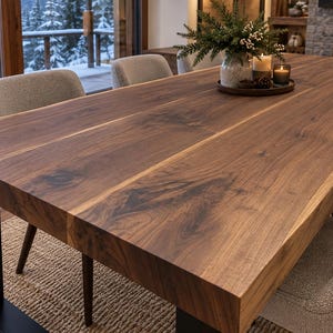 May include: A rectangular dining table featuring a thick, natural-edge solid wood slab top with a rich brown grain pattern, supported by two sturdy black metal U-shaped legs. The table is surrounded by several upholstered chairs.