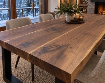 Puede incluir: Una mesa de comedor rectangular con un tablero de madera maciza de borde natural grueso con un rico patrón de grano marrón, sostenido por dos patas de metal negro en forma de U. La mesa está rodeada de varias sillas tapizadas.