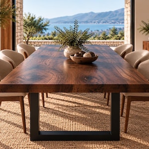 Puede incluir: Una mesa de comedor rectangular con un tablero grueso de madera marr&oacute;n oscura con vetas visibles y patas de metal negro en forma de U. Seis sillas tapizadas con respaldos curvos y marcos de madera rodean la mesa. Un cuenco de madera con esferas decorativas se sit&uacute;a en el centro.