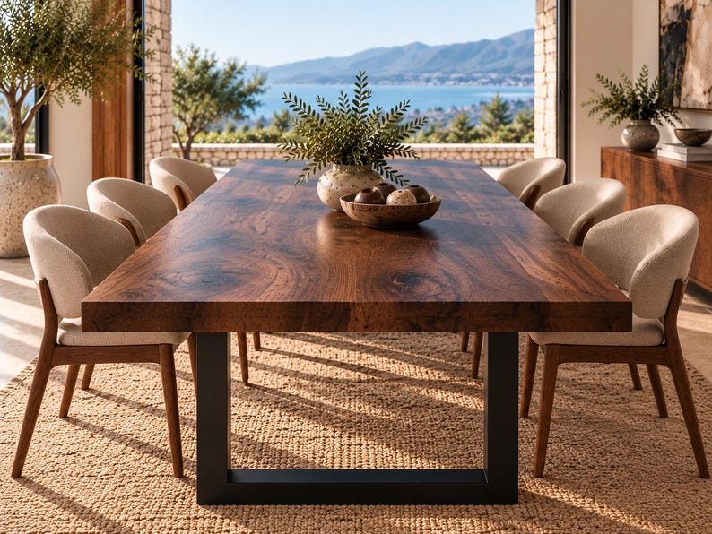 Puede incluir: Una mesa de comedor rectangular con un tablero grueso de madera marr&oacute;n oscura con vetas visibles y patas de metal negro en forma de U. Seis sillas tapizadas con respaldos curvos y marcos de madera rodean la mesa. Un cuenco de madera con esferas decorativas se sit&uacute;a en el centro.