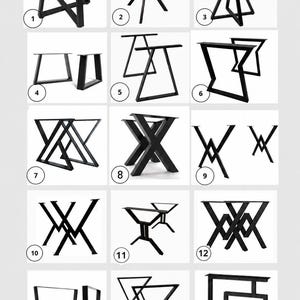 Puede incluir: Una colecci&oacute;n de quince dise&ntilde;os de patas de mesa de metal negro dispuestos en una cuadr&iacute;cula, numerados del uno al quince. Cada conjunto presenta formas geom&eacute;tricas distintas, incluyendo marcos rectangulares, en X, en V y angulares.