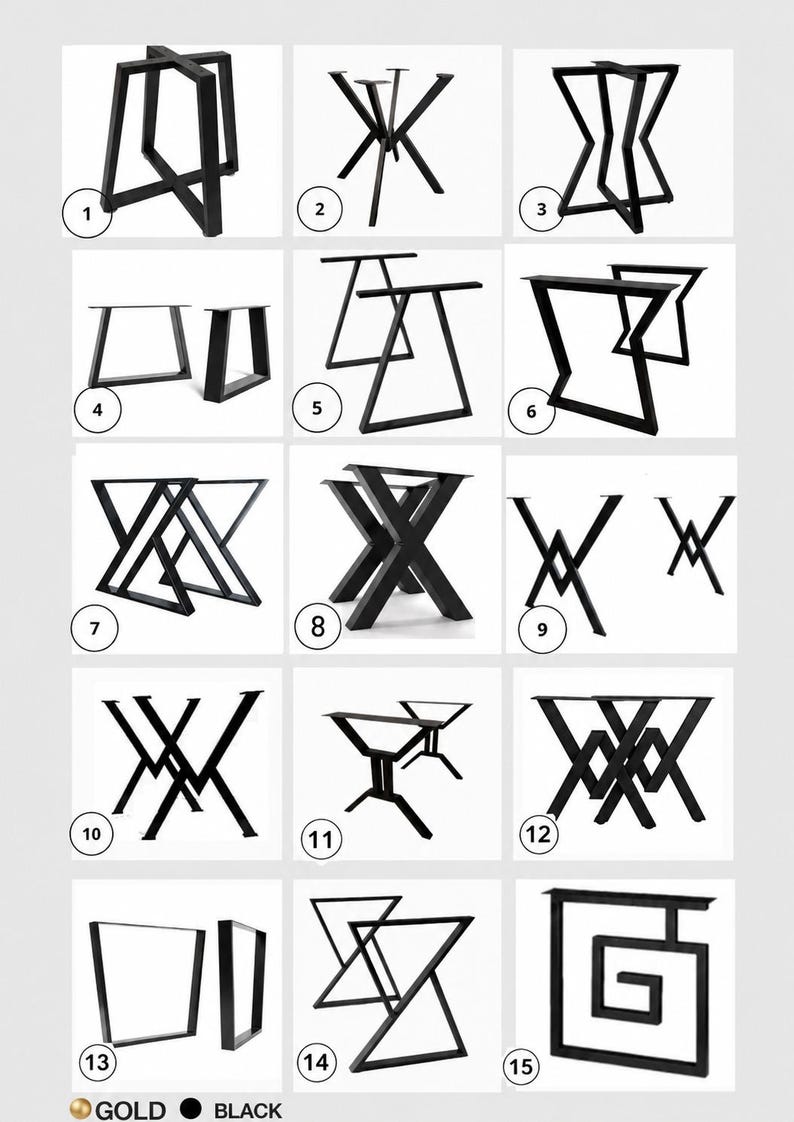 Puede incluir: Una colecci&oacute;n de quince dise&ntilde;os de patas de mesa de metal negro dispuestos en una cuadr&iacute;cula, numerados del uno al quince. Cada conjunto presenta formas geom&eacute;tricas distintas, incluyendo marcos rectangulares, en X, en V y angulares.