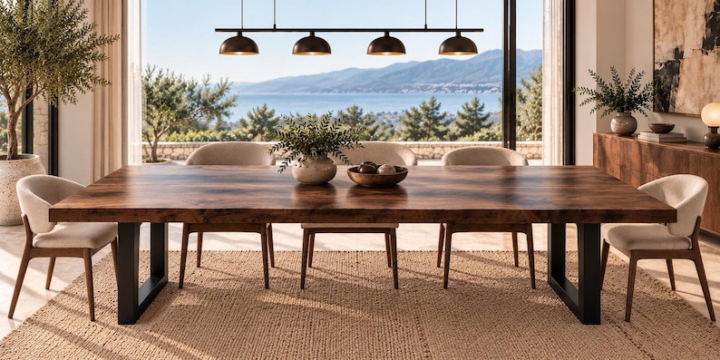Puede incluir: Una mesa de comedor rectangular con una superficie de madera de color marr&oacute;n oscuro y dos patas de metal negro en forma de U. La mesa est&aacute; rodeada por seis sillas tapizadas de color beige claro con patas de madera.