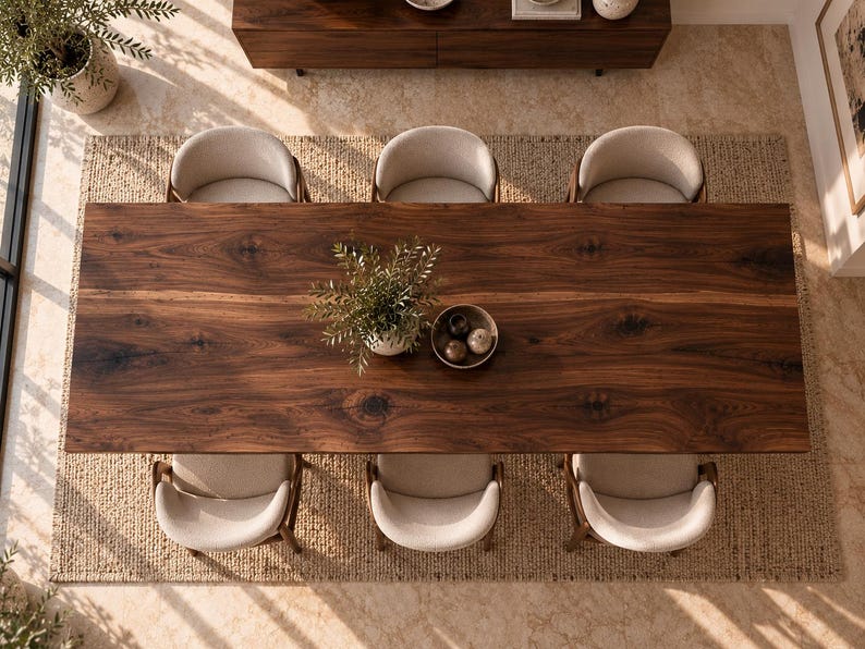 Puede incluir: Una mesa de comedor rectangular de madera marr&oacute;n oscuro con veta visible, rodeada de seis sillas tapizadas en color beige claro con respaldos curvos. Una peque&ntilde;a planta en maceta y un cuenco con tres esferas peque&ntilde;as descansan sobre la mesa.