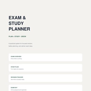 Könnte beinhalten: Ein digitales Lernplaner-Dokument mit cremefarbenem Hintergrund und dunkelgrüner Kopfzeile. Der Text lautet STUDYNEXTLAB, EXAM & STUDY PLANNER, PLAN + STUDY - GROW und enthält Abschnitte für EXAM OVERVIEW, STUDY PLAN, REVISION TRACKER und EXAM DAY.