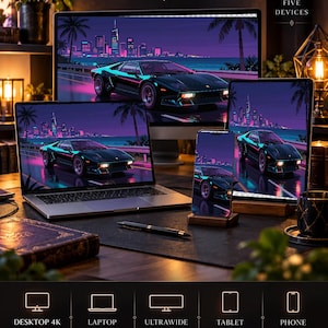 May include: A digital wallpaper set titled NYMBRIAL featuring a sports car on a coastal road at night. The artwork is displayed on a desktop monitor, laptop, tablet, and phone. Text includes resolution specs for 4K, laptop, ultrawide, tablet, and phone.