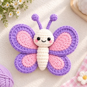 May include: A handcrafted crochet butterfly featuring a cream-colored head and body, with large wings in shades of purple and pink. The butterfly has two antennae with small spheres at the tips, black bead eyes, and pink stitched cheeks.