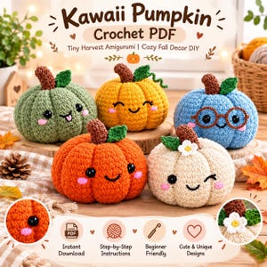 Puede incluir: Cinco calabazas de ganchillo con caras bordadas en colores verde, amarillo, azul, naranja y crema. Cada una tiene un tallo marrón y una hoja verde. El texto dice: Kawaii Pumpkin Crochet PDF, Tiny Harvest Amigurumi, Cozy Fall Decor DIY.