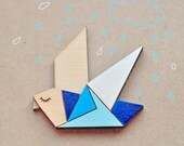 Wood Laser cut Brooch Blue Origami Bird