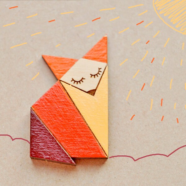 Wood Laser cut Brooch Orange Origami Fox