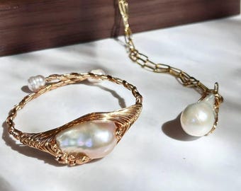 Handmade Baroque Pearl Cuff & Necklace Set, 18K Gold Wire Wrap, One-of-a-Kind Jewelry