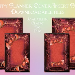 Może przedstawiać: Cztery drukowane okładki do planera w czerwono-złotym kolorze z ilustracją stylizowanej ryby. Na górze obrazu widnieje tekst "Happy Planner Cover/Insert Pages Downloadable Files". W środku obrazu znajduje się tekst "Available in: Classic Big Mini".