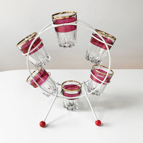 REDUCED Vintage 1950s Cherry Red Shot Glasses in Atomic Carousel Stand