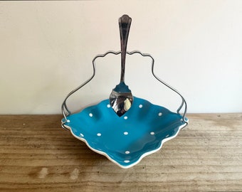 Vintage Midwinter Teal Blue Spotty Domino Preserve Dish & Spoon