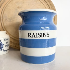 Vintage TG Green Raisins Cornishware Blue Stripe Canister Storage Jar - Black Shield