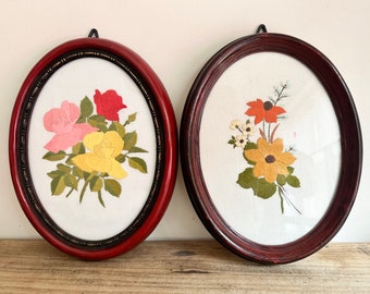 Pair of Mismatched Vintage Floral  Embroideries in Oval Frames