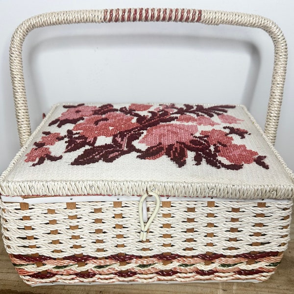 Vintage Floral Embroidery Lid Sewing Basket Box