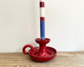 Mid Century Krowi Norway Red Ceramic Chamberstick Candle Holder